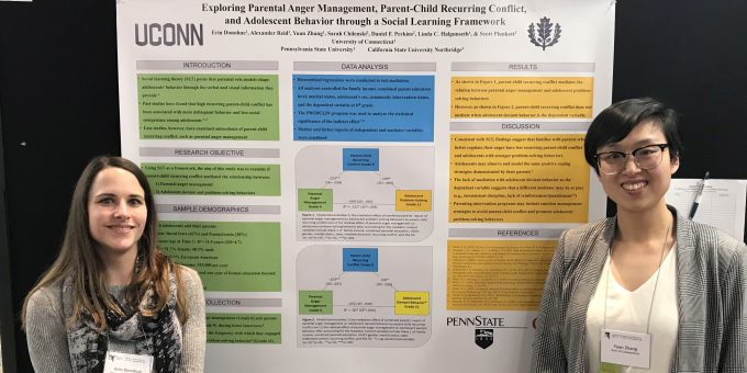 Erin Donohue and Yuan Zhang present their poster at the Society for Research on Adolescence (SRA) Biennial Meeting Erin Donohue and Yuan Zhang present their poster at the Society for Research on Adolescence (SRA) Biennial Meeting