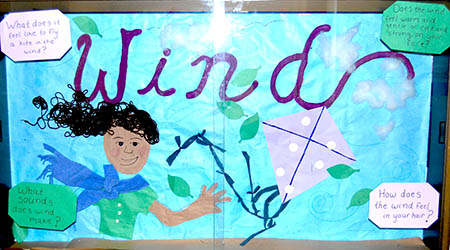 colorful bulletin board decoration showing windy day